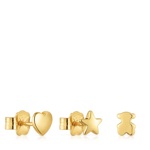 Pack de tres aretes con baño de oro 18 kt sobre plata motivos Bold Motif