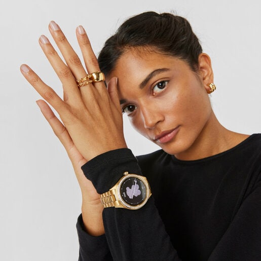 Relógio smartwatch T- Shine Connect com bracelete em aço IP dourado e zircónias brancas