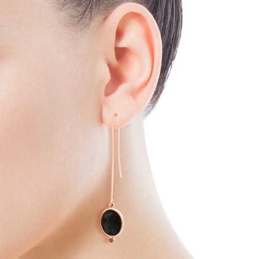 עגילי Camee מכסף מצופה זהב ורוד 18 קראט בשילוב אבן אוניקס ואודם במילוי זכוכית