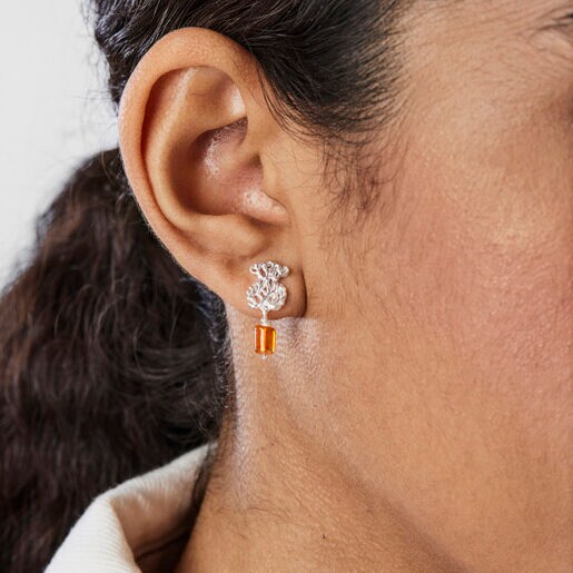 Silver Oceaan bear Earrings with orange and blue glass