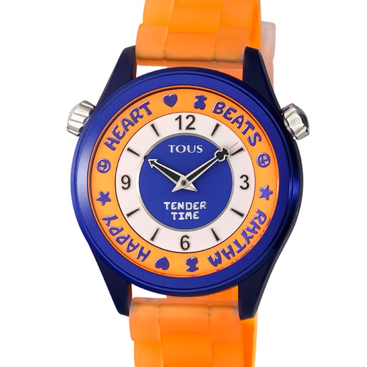 Steel TOUS Tender Time Watch with orange silicone strap and blue dial