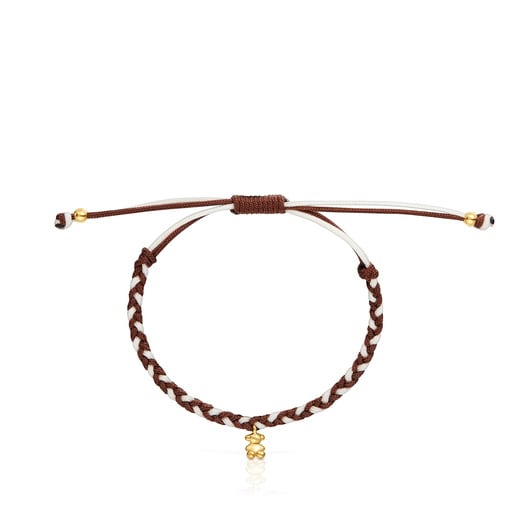 Pulsera oso con baño de oro 18 kt sobre plata y nylon marrón TOUS Motivos