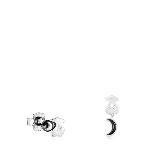 Silver Magic Nature bear-moon Earrings with onyx