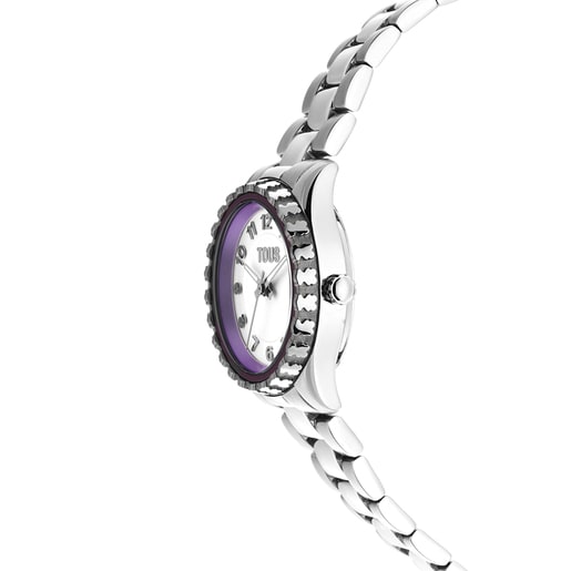 Analogue watch with steel wristband and mauve aluminum inner bezel Mini T-Bear