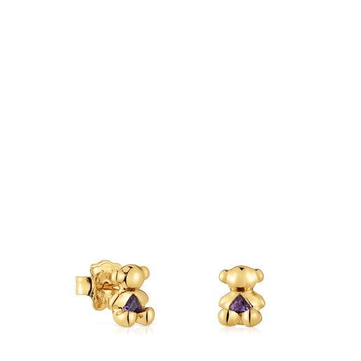 Small bear Earrings with 18kt gold plating over silver and amethyst Bold Bear