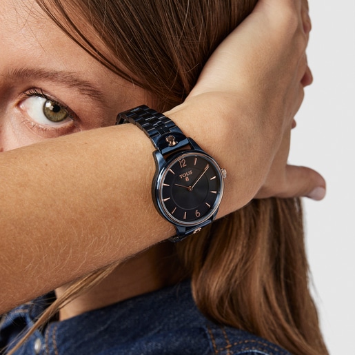 Стальные часы Len с голубым и розовым ионным покрытием