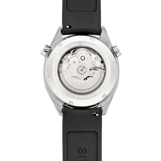 GMT-Automatik TOUS Now mit Armband aus schwarzem Silikon, einem Stahlgehäuse und einem Zifferblatt aus Perlmutt.