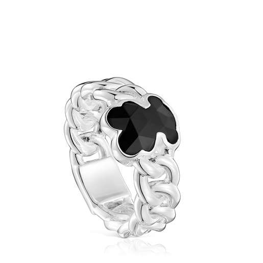 Medium silver Ring with bear motif in onyx TOUS Icon Color