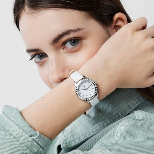 Reloj analógico Straight Kids de acero y bisel de osos con correa de piel blanca