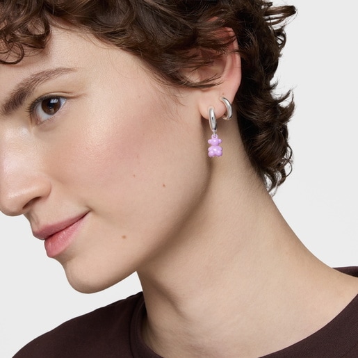 Aretes aro de plata con cerámica lila y doble oso Bold Bear