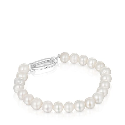 Pulsera con perlas cultivadas y anilla de plata Hold Oval