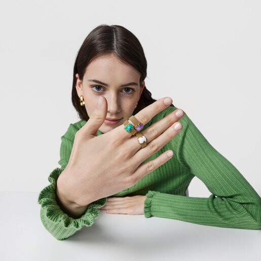 Anillo Mesh Color de Acero IP dorado y Amatista