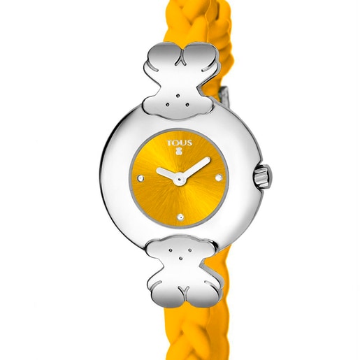 Uhr Très Chic aus Stahl mit gelbem Silikonarmband