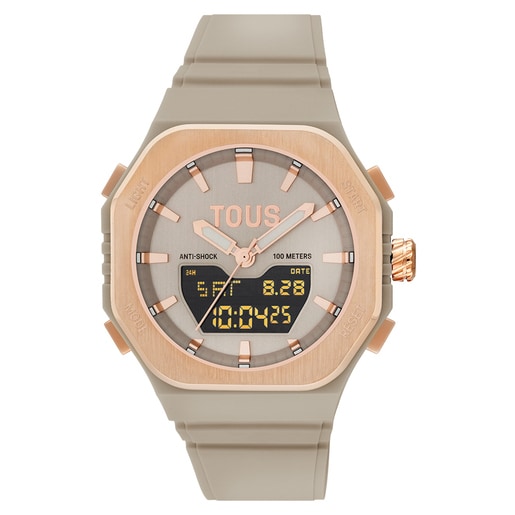 Reloj analógico/digital de acero rosado y brazalete de nylon topo Bet
