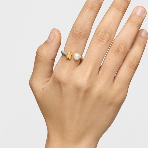 Steel and Gold TOUS Icon Mesh Ring with Pearl Bear motif
