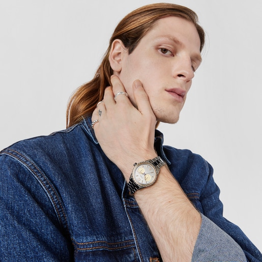 Reloj analógico multifunción con brazalete de acero IP gris y acero IP dorado T-Bear