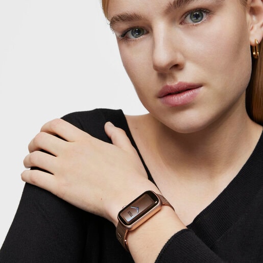Smartwatch con bracciale in acciaio IP color oro rosa e cassa in alluminio IP color oro rosa TOUS T-Band Mesh