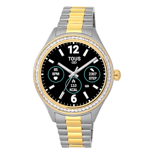 Relógio smartwatch T- Shine Connect com bracelete em aço, aço IP dourado e zircónias brancas