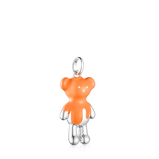 Silver Teddy Bear Pendant with orange color enamel - Online exclusive