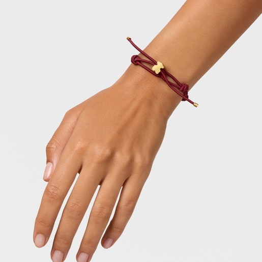 Burgundy-colored elastic Bracelet and bear with 18kt gold plating over silver Sweet Dolls