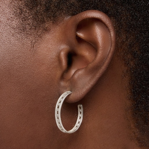 silver TOUS Bear Row hoop earrings with silhouette
