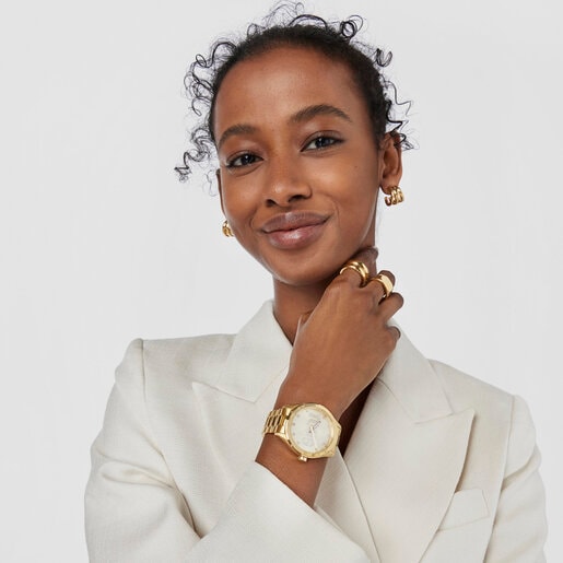 שעון אנלוגי T-Logo עם רצועה מפלדת IPG מוזהבת וקריסטלים