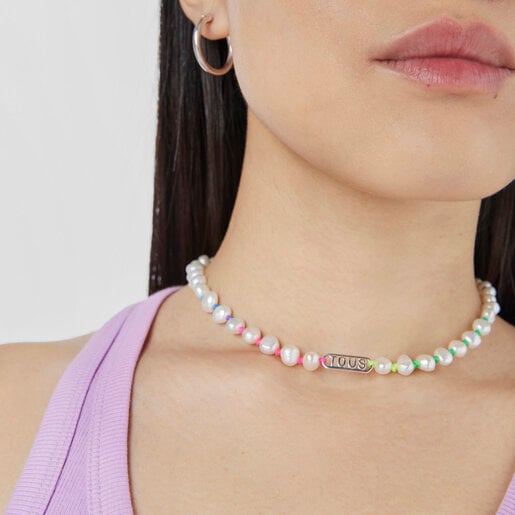 Multicolored nylon Necklace with silver and cultured pearls Logo