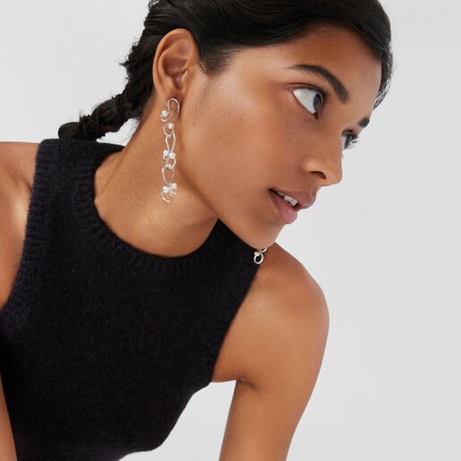 Long Tsuri Earrings with silver motifs and cultured pearls