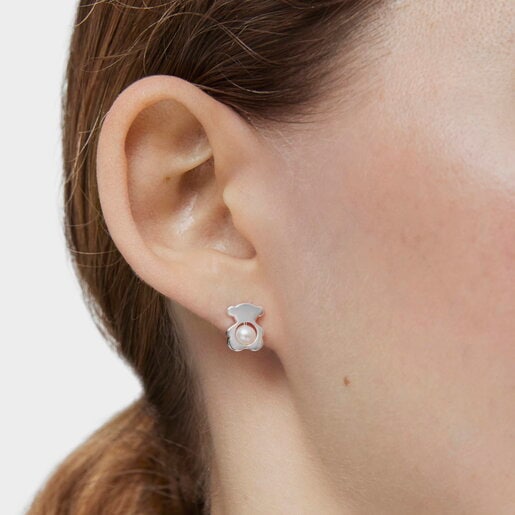 Small silver  mm bear Earrings with cultured pearls I-Bear