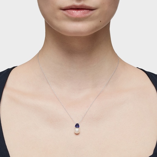Short white gold Necklace with iolite and cultured pearl Ivette
