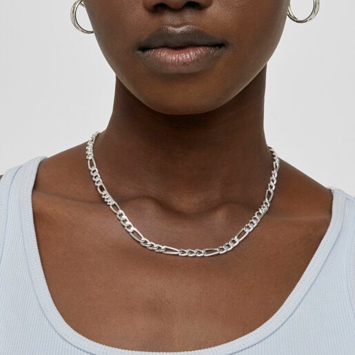 Stříbrný obojkový náhrdelník z kombinovaného plochého řetízku z kolekce TOUS Chain