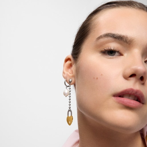 Long two-tone steel Earrings with heart charm TOUS Charming