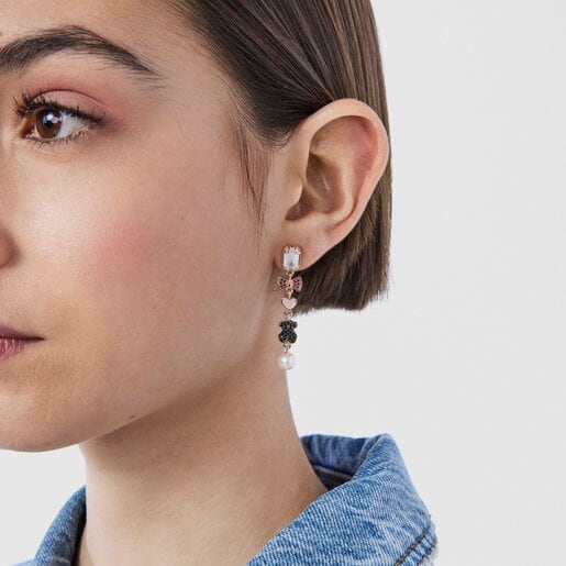 ピアス Join３モチーフ　クォーツ・ルビー・ブラックスピネル ・パール/ ピンクゴールドコーティング