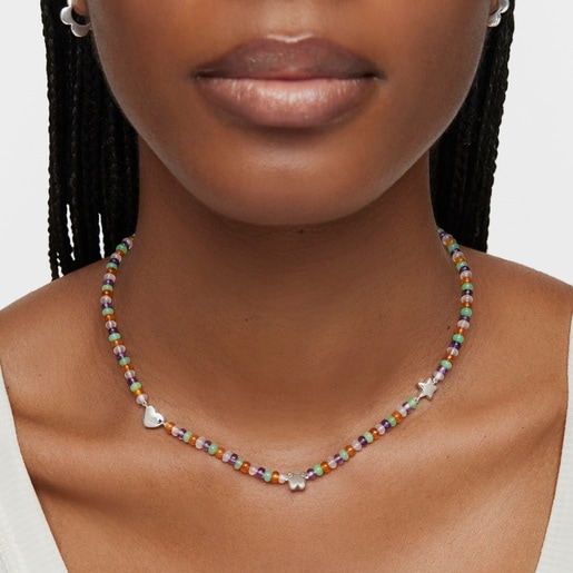 Short gemstone Necklace with silver motifs Bold Motif