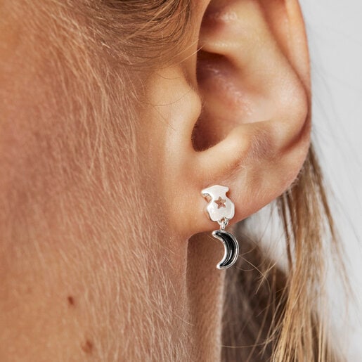 Silver Magic Nature bear-moon Earrings with onyx | TOUS