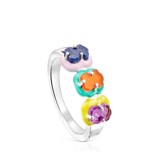 Pierścionek TOUS Vibrant Colors wykonany ze srebra z charmsem w kształcie misia z kamieni szlachetnych, pokryty lakierem