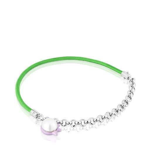 Zelený elastický Náramek TOUS Instint s ocelí a uměle vypěstovanou perlou