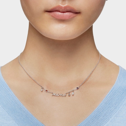 Silver Mama Necklace with cultured pearls and gemstones TOUS Mama