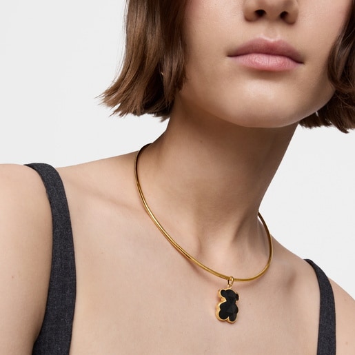 Medium 18kt gold plating over silver bear Pendant with onyx bear motif TOUS Icon Color