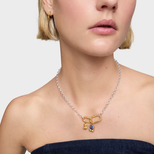 Colgante pequeño motivo oso con baño de oro 18 kt sobre plata y espinela azul creada en laboratorio Color Bear LGG