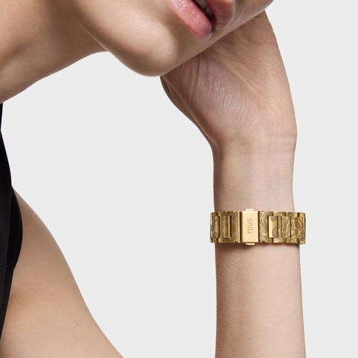 Analog watch with gold-colored embossed steel bracelet Lit