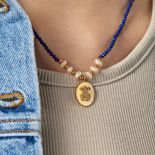 שרשרת בורמייל צהוב בשילוב אבני חן לפיס לזולי ופנינים