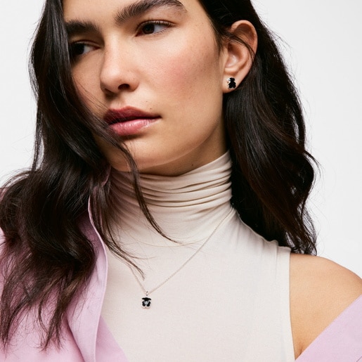 Pendientes oso de plata y ónix 10 mm Icon Color