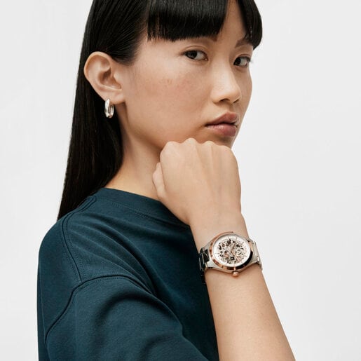 Karat Round Analogue watch with pink-colored IPRG steel wristband