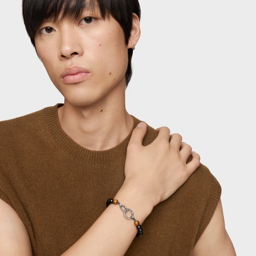 Pulsera de plata envejecida, ónix, ojo de tigre y anillas Hold Man