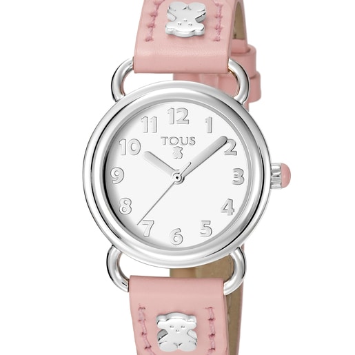 Montre Baby Bear en Acier avec bracelet en Cuir rose