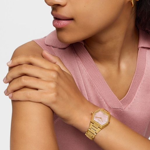 Montre analogique avec bracelet en acier doré et cadran en nacre rose Karat