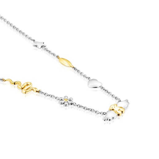 Gold colored IP Steel Fragile Nature charms-bear Necklace