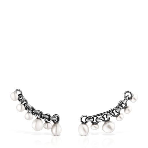 Dark silver Virtual Garden Bar earrings with cultured pearls | TOUS