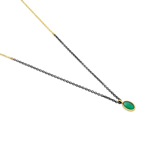 Gold and Oxidized Silver Gem Power Necklace with green Agate